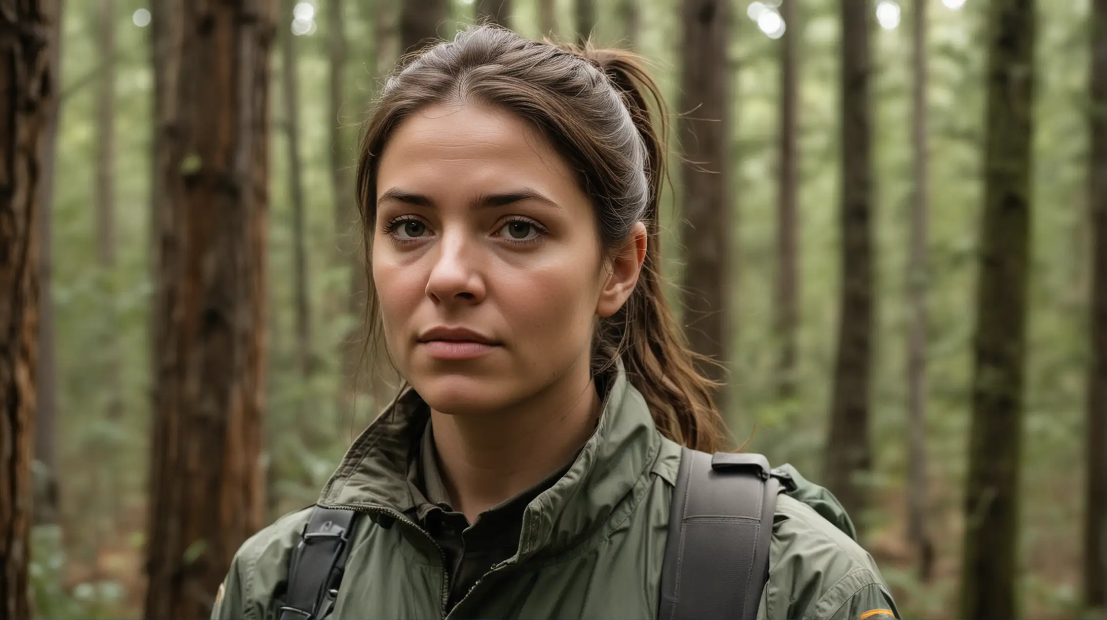 Thoughtful Park Ranger Woman in Dense Forest