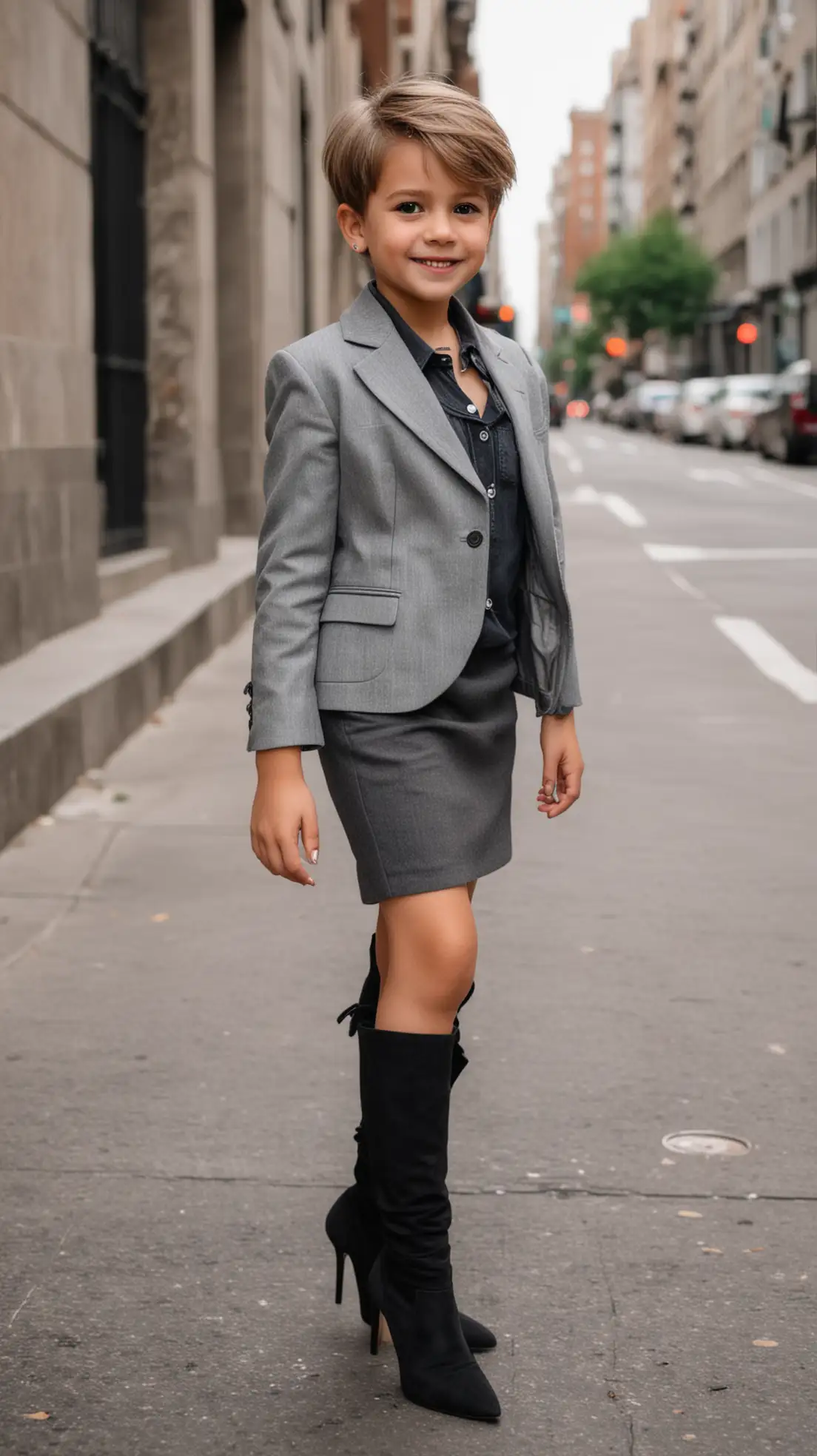 little boy wear a grey blazer and a grey pencil skirt a and black pointed toe stiletto knee high boots and walking in the city and smiling and brown short hair and two big round earrings