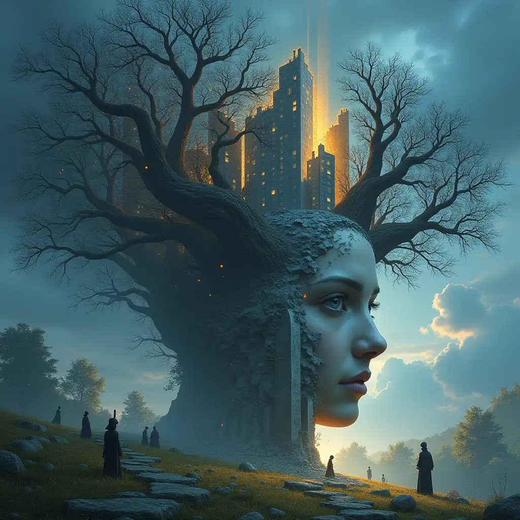 Creating a digital painting of a face with hair turning into a building with silver stones and illuminated trees with roots and lanterns and strange alien beings on a meadow