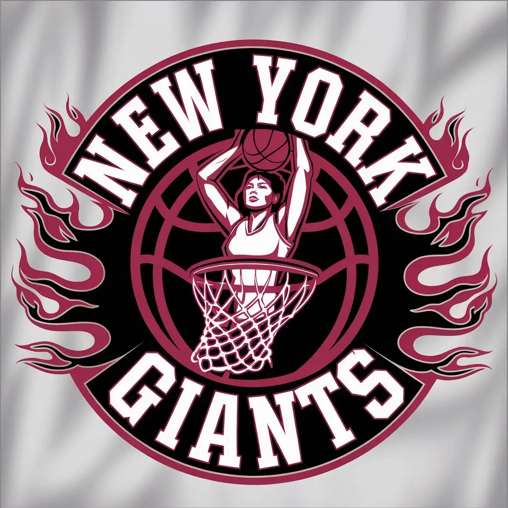 LOGO Design for New York Giants Woman Dunking Basketball with Flames Black Background for Sports Fitness