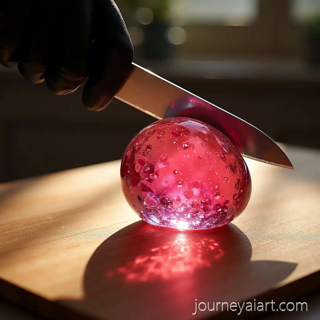 Macro-Shot-of-CrystalClearAI-Art-Prompt-Expansion-Pink-Glass-Drachenfrucht-on-Wooden-Cutting-Board