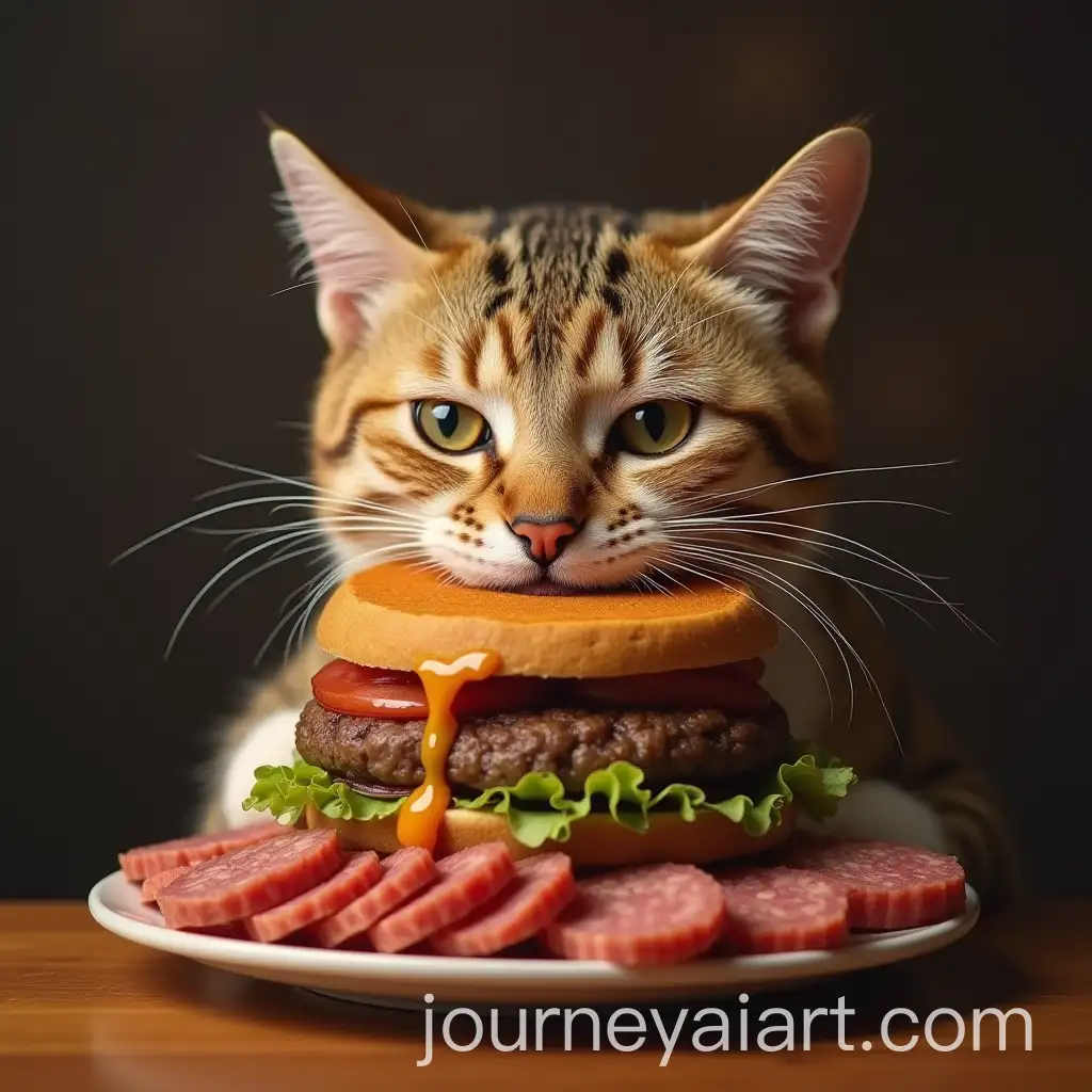 Cat-Enjoying-a-Massive-Hamburger-with-32-Layers-of-Meat