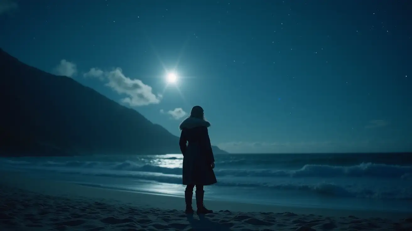 On a moonlit beach, a model of Norwegian ethnicity stands poised against the vastness of the night sky...