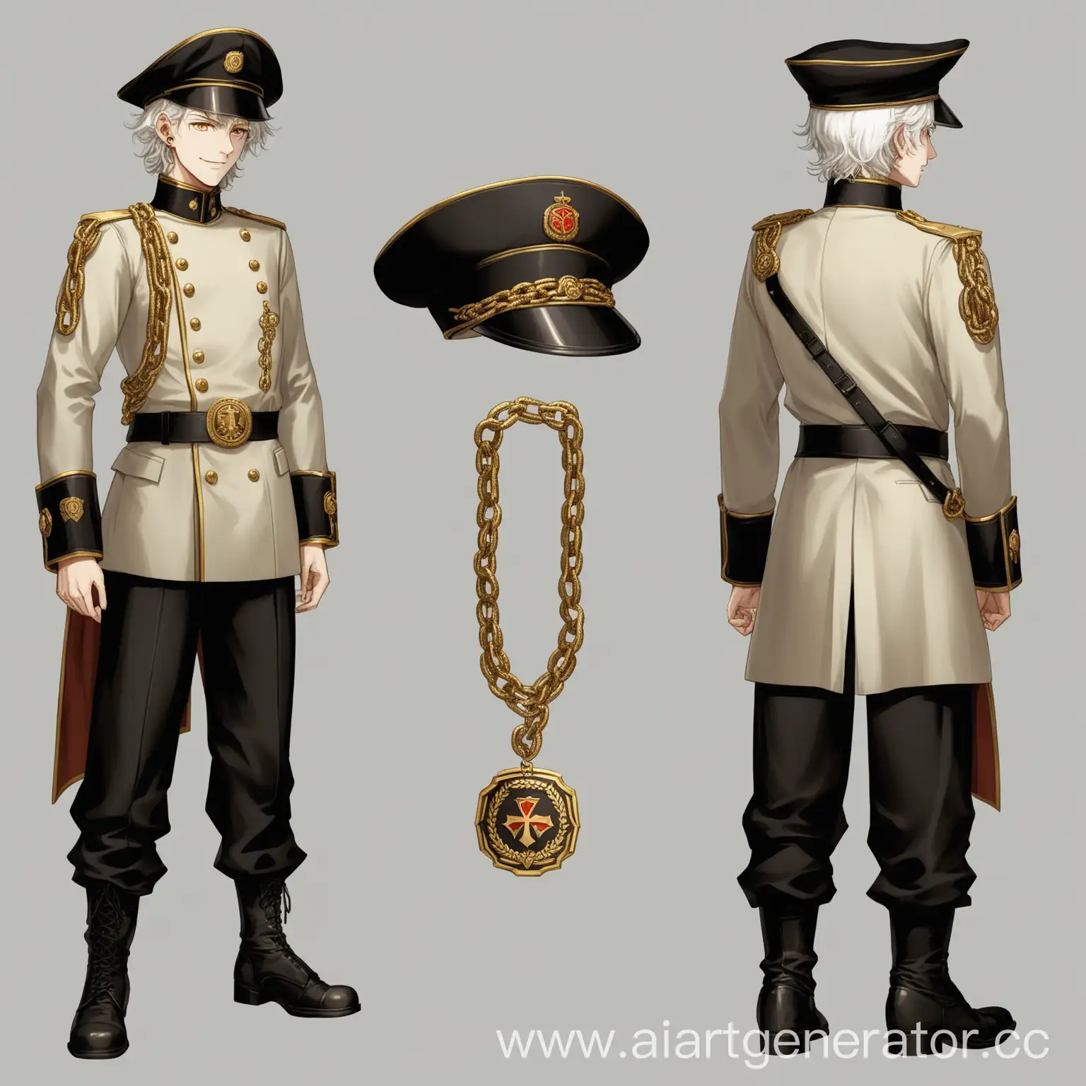 Serene-WhiteHaired-Young-Man-in-MilitaryInspired-Uniform-with-Khaki-Gray-Cloak