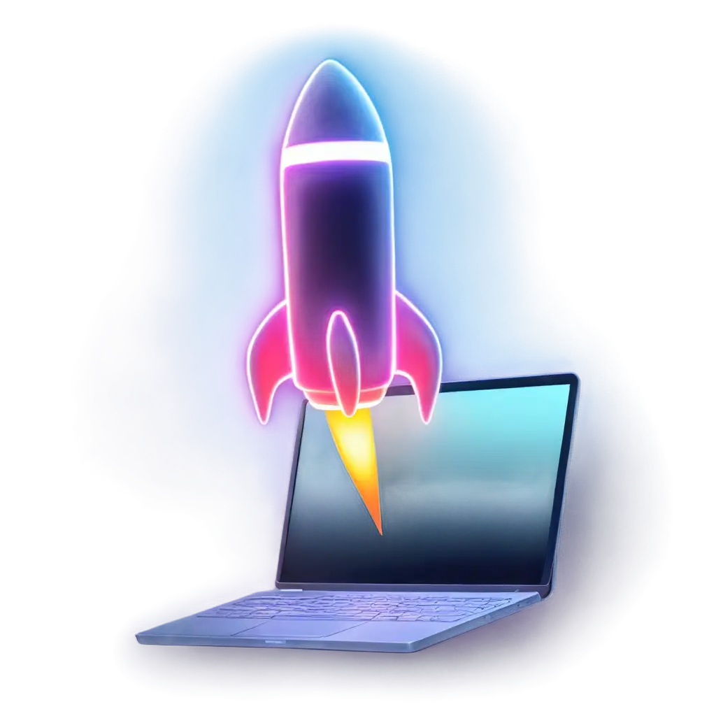 A futuristic neon-style icon of a rocket launching from a laptop screen, symbolizing digital marketing growth and success.