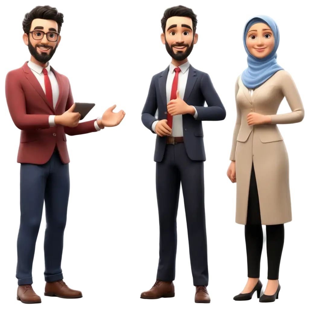 create a 3d Islamic male and female teachers standing in a class