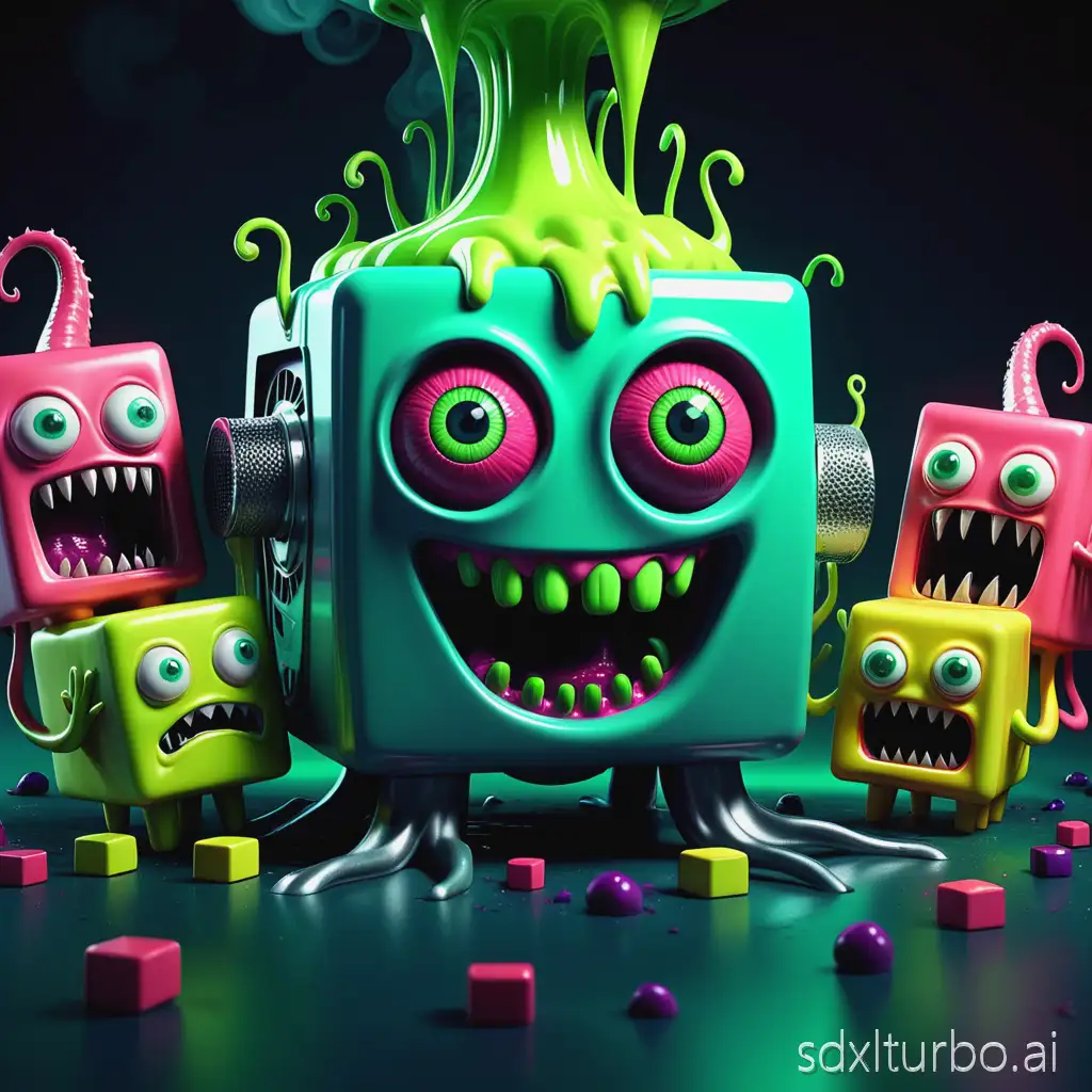 A surreal 3D horror cartoon YouTube banner showing a row of creepy colorful cube monsters with human-like faces, big shiny eyeballs, sharp cartoon teeth, and exaggerated expressions. The left side shows three stacked blocks: green scared face on top, yellow evil grin in the middle, and red angry face below with smoke coming from ears. The center has glowing neon-pink glitchy horror-style text that says “THE CREEPY MINI SHOW”, with a ghostly TV static screen behind it. On the right side, a metal juicer is squeezing a screaming monster block into green slime. A tentacled candy creature with big googly eyes is licking toward the camera. Dark blue to black gradient background, with dramatic studio lighting and shiny toy-like texture. Creepy and funny tone, 3D render, high detail, perfect for YouTube banner layout (2048x1152).