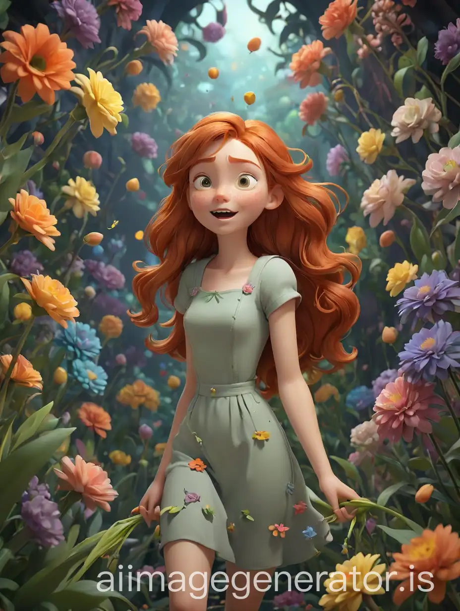 Whimsical-Girl-with-Ginger-Hair-Exploring-a-Colorful-Floral-World-in-PixarStyle