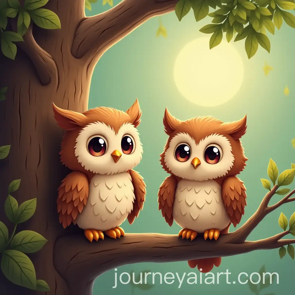 Happy-Owls-Sitting-in-a-Tree-in-a-Tranquil-Forest-Setting