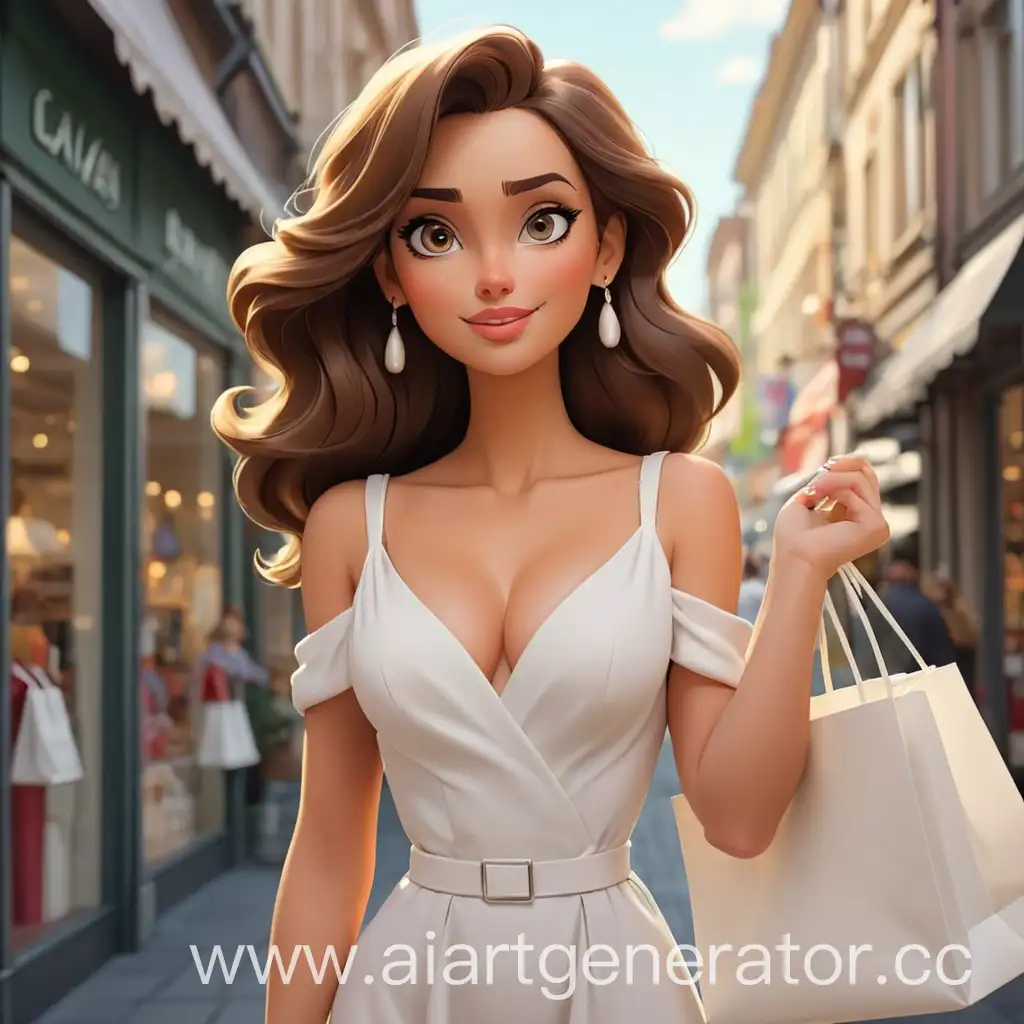 Cartoon-Beautiful-Woman-with-Deep-Neckline-and-White-Shopping-Bag-in-Front-of-Stores