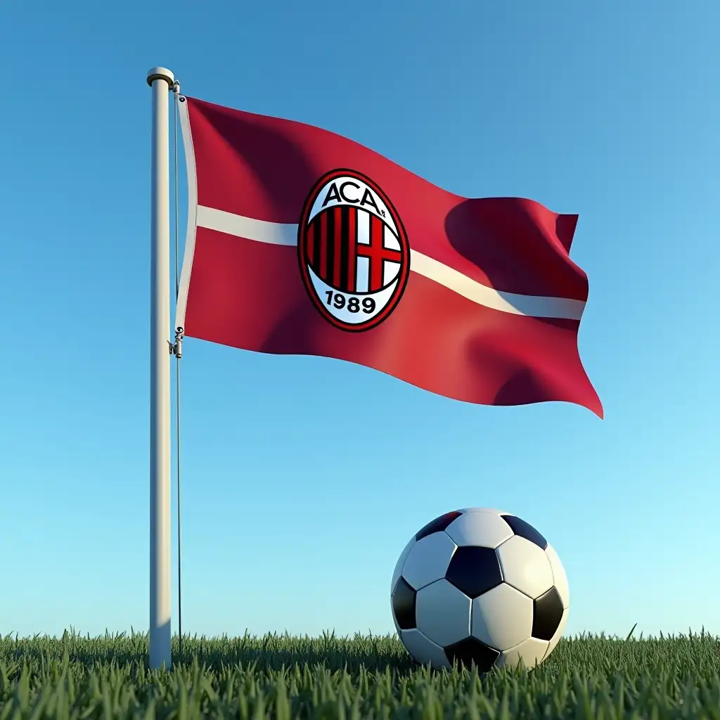 flag of the soccer team Milan, a ball in the foreground, blue sky