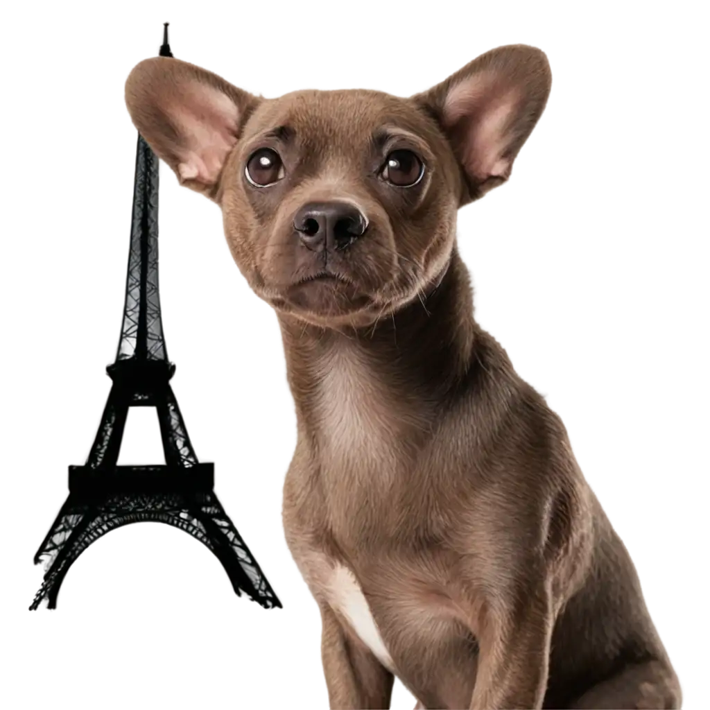 A cute French dog looks at us smilingly from the Eiffel Tower