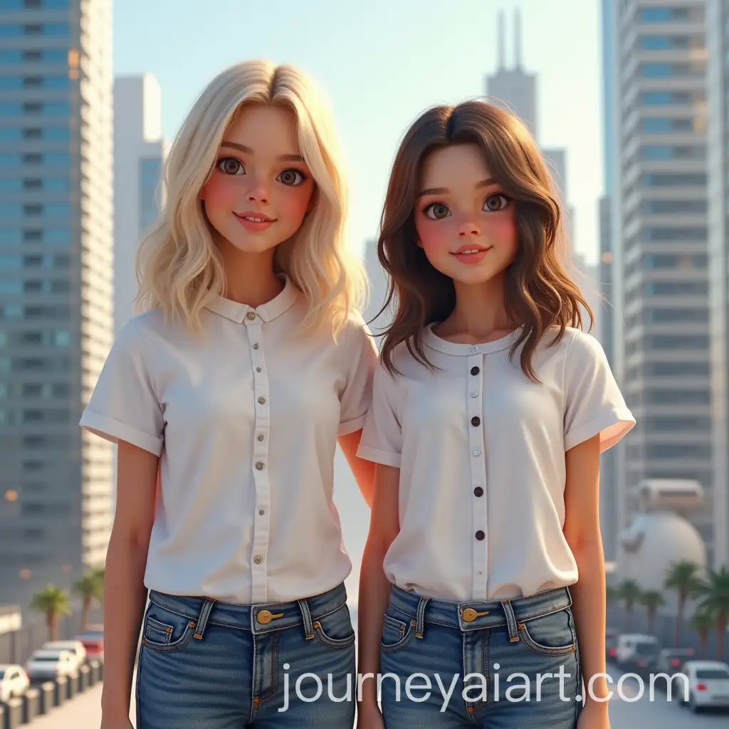 Two-13YearOld-Girls-in-White-TShirts-and-Jeans-in-a-Futuristic-City