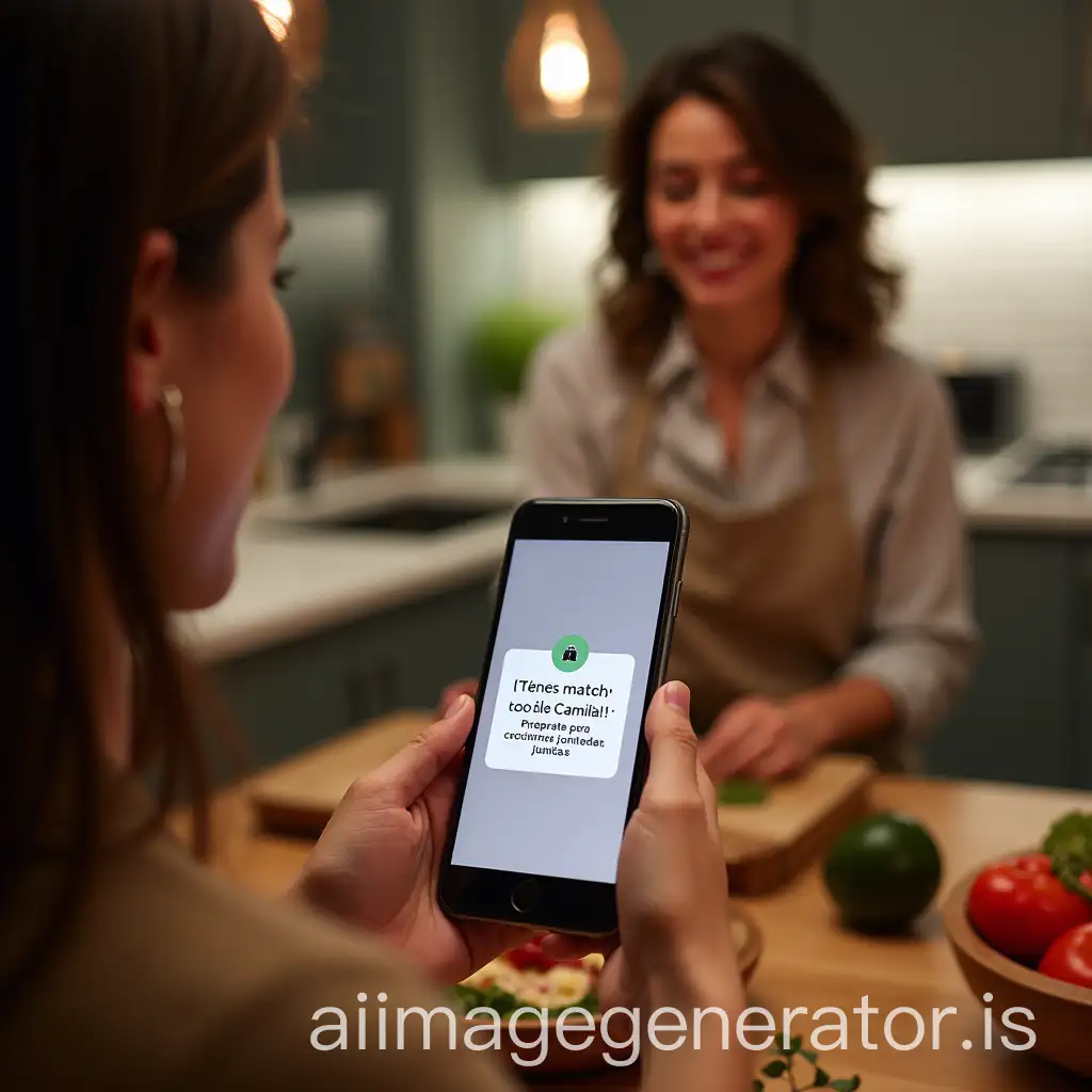 Woman-Holding-Smartphone-with-Match-Notification-in-Cozy-Kitchen-Setting