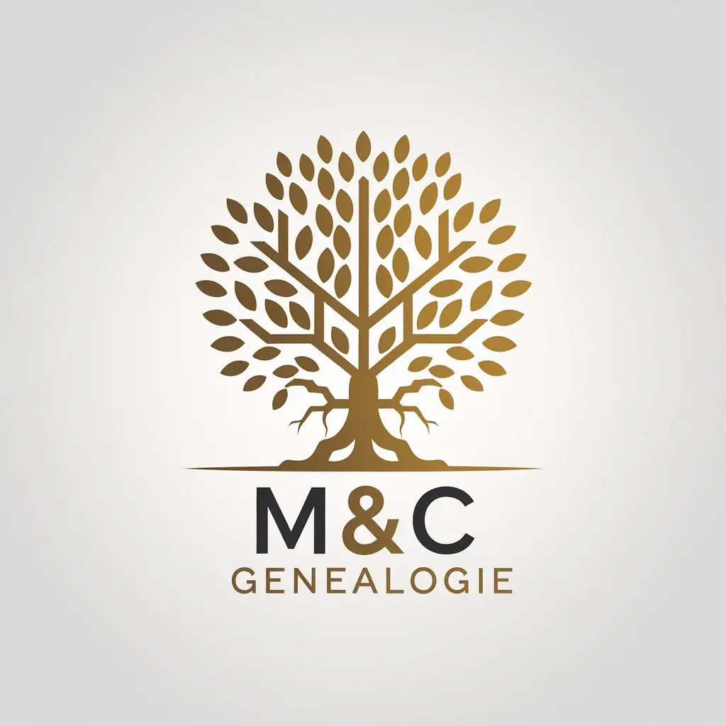 LOGO Design for MC Genealogie Gold Letters with Tree Symbol on Black Background