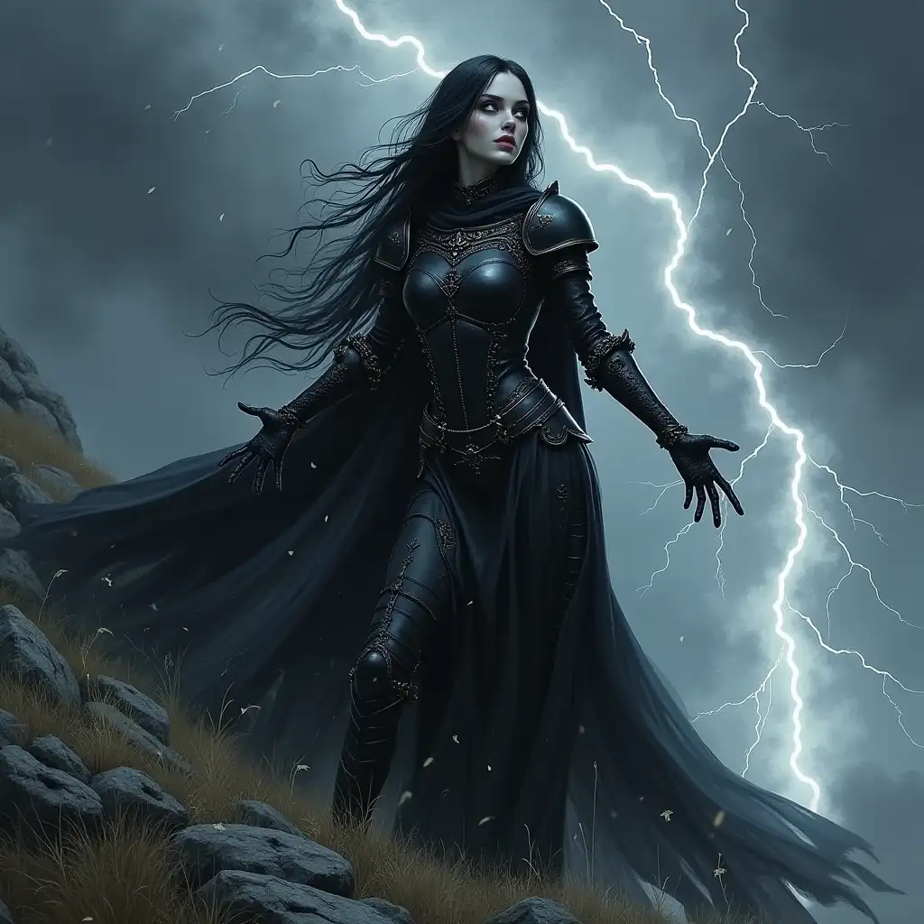  Beautiful and scary girl-knight, necromancer, witch, elegant, slender, black hair white eyes, black armor, latin, spreading arms, casting a spell, black sky, lightning, stony hill, storm, watercolor, realistic, fantasy, dark fantasy, horror 