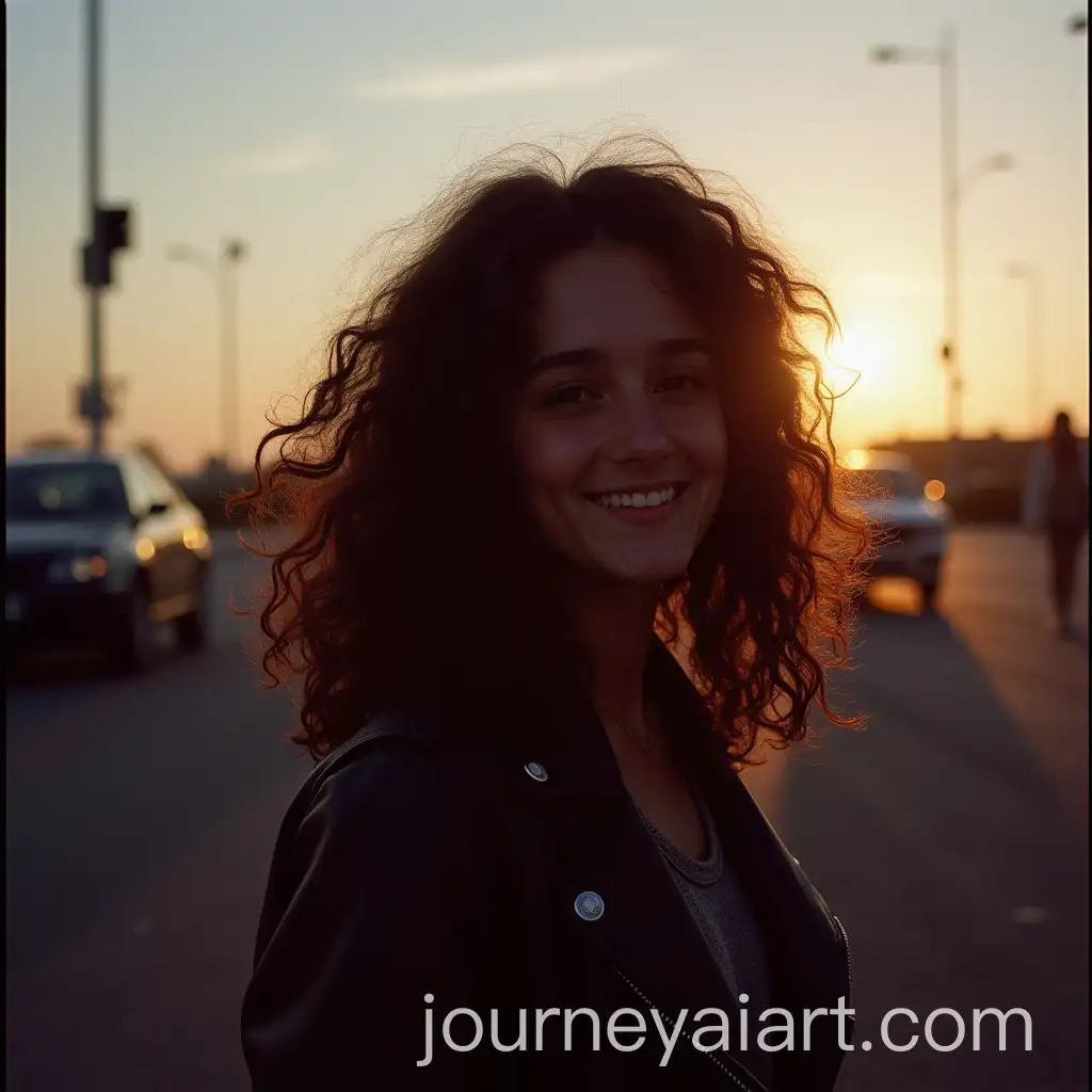18YearOld-Girl-with-Curly-Dark-Hair-on-City-Street-at-Sunrise