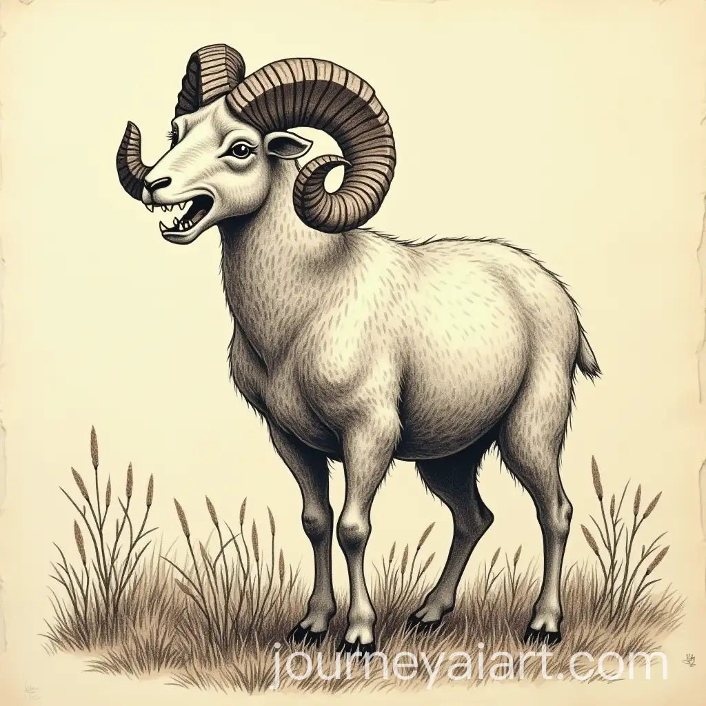 Ram-with-Sharp-Teeth-and-Claws-in-a-Field-Drawn-on-Old-Paper