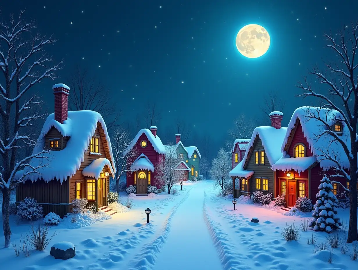 Empty whoville from dr Seuss’s how the grinch stole Christmas with snow and colored lights on each house. A full moon