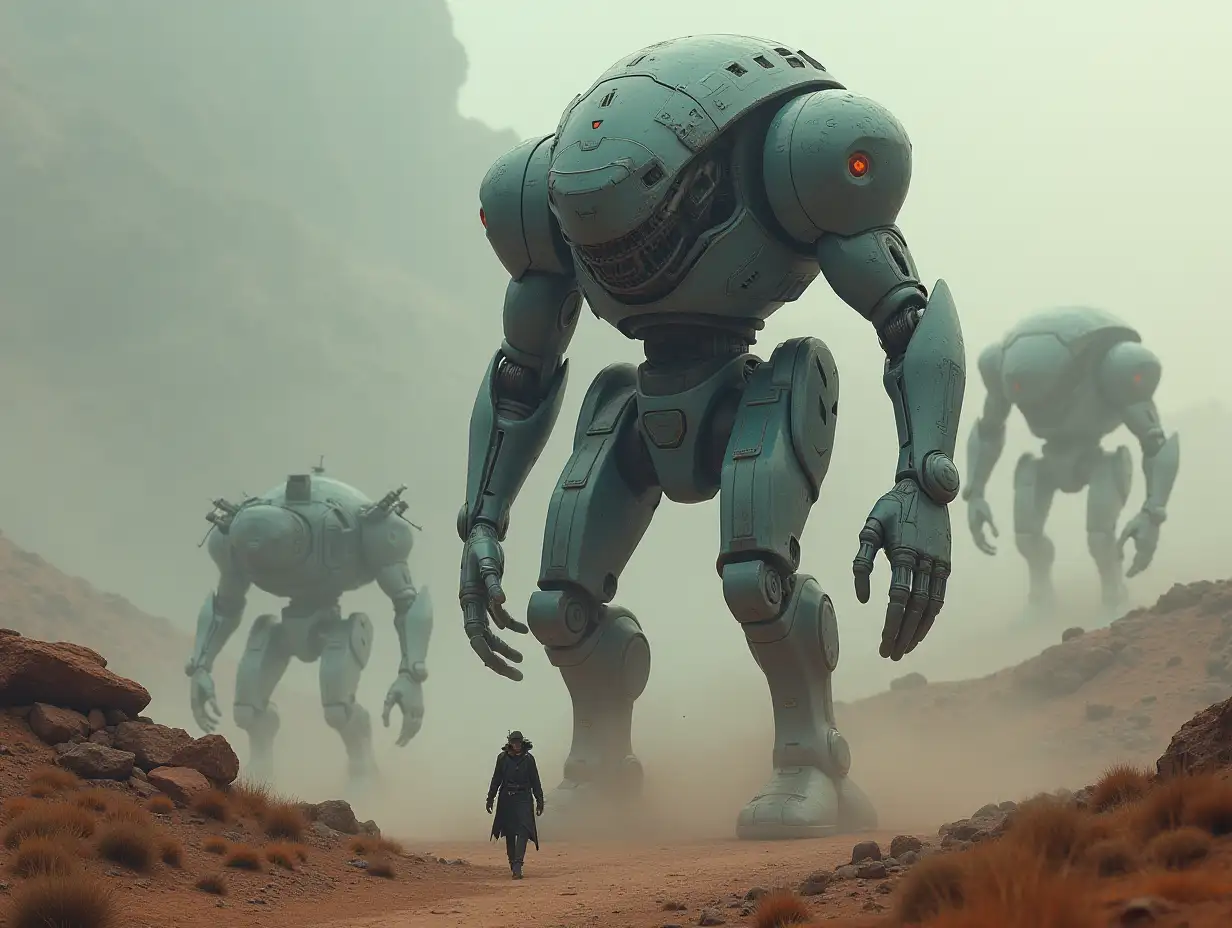 Create AI fantasy with a high-resolution, realistic image of Robert, 40 meters tall, and an alien, with battle robots and cell tanks on the alien on Pandora 4k resolution