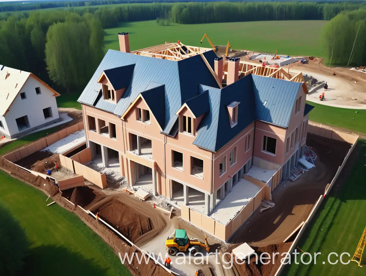 construction of a beautiful country house from a bird's eye view