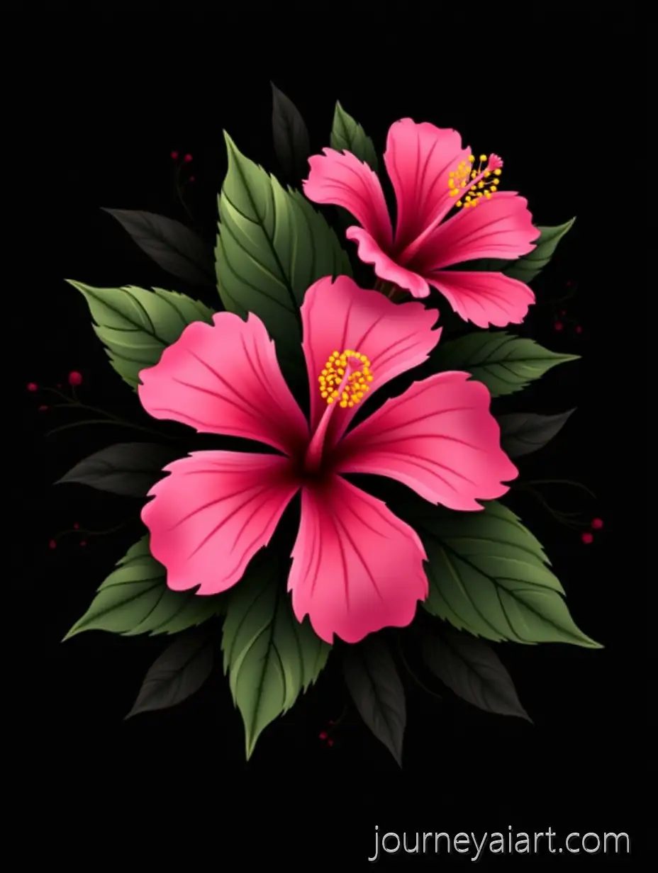 Three-VPink-hibiscus-vector-flowersividly-Pink-Hibiscus-Flowers-with-Palm-Leaves-on-Black-Background