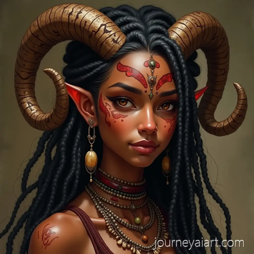 Portrait-of-a-Young-Black-Tiefling-WomanTiefling-woman-portrait-with-Glowing-Tribal-Tattoos-and-Ritual-Jewelry