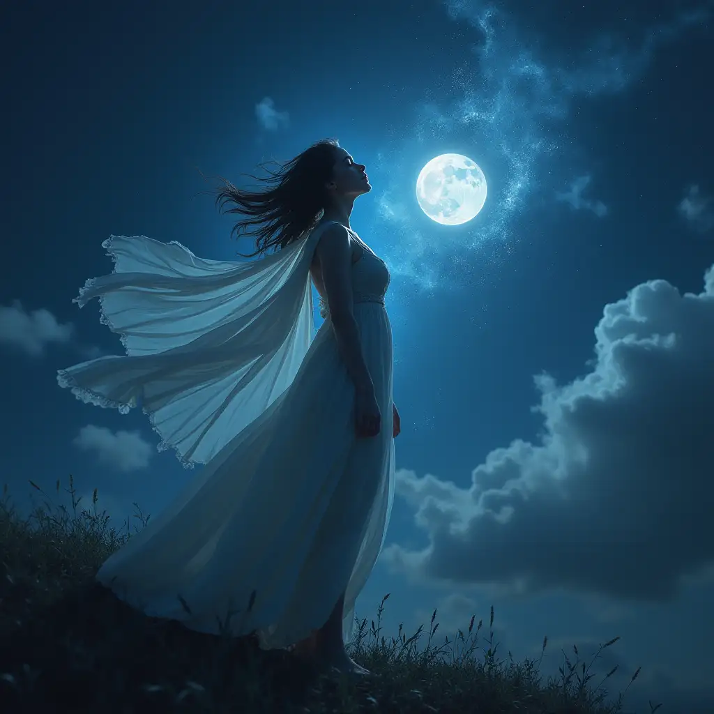 goddess in the night, in the air , fantasy, heartbroken, look to sky