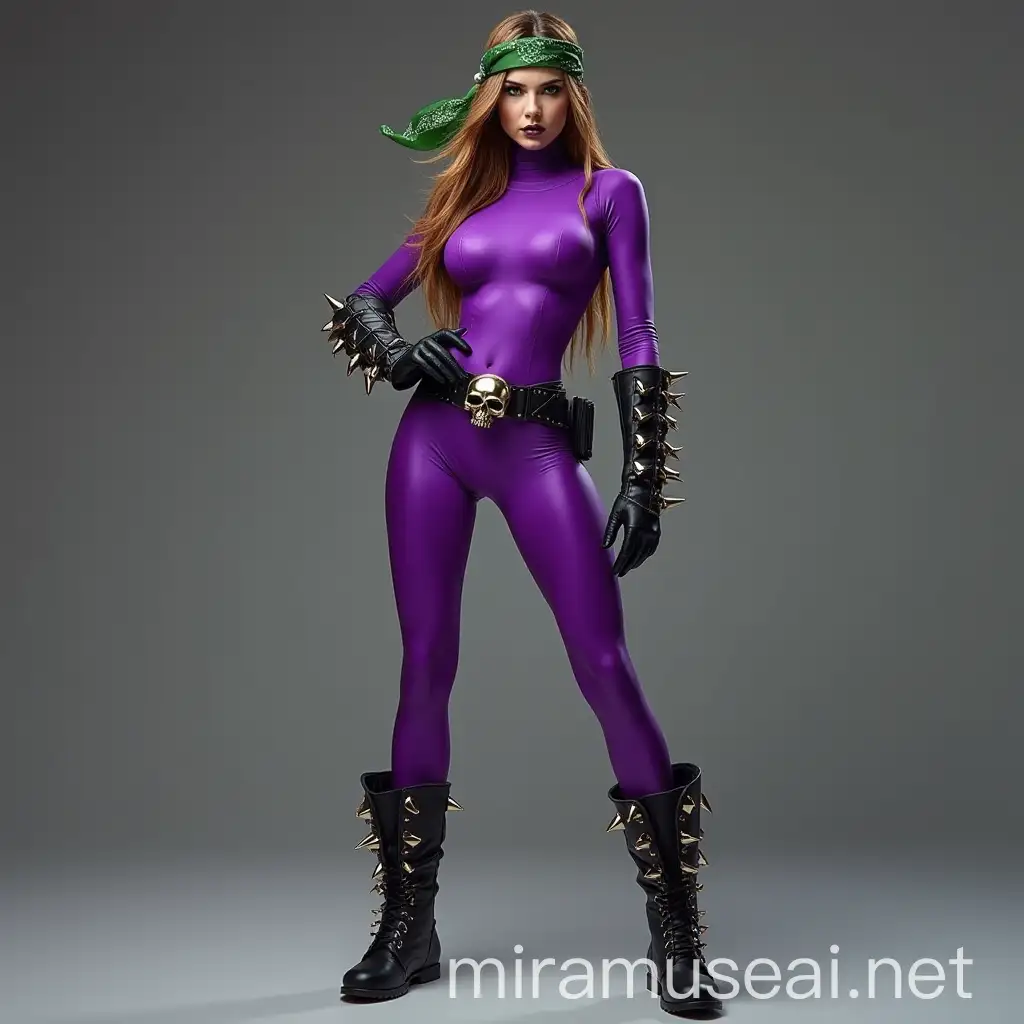 Dynamic Woman in Purple Bodysuit with Spiked Accessories and Confident Pose