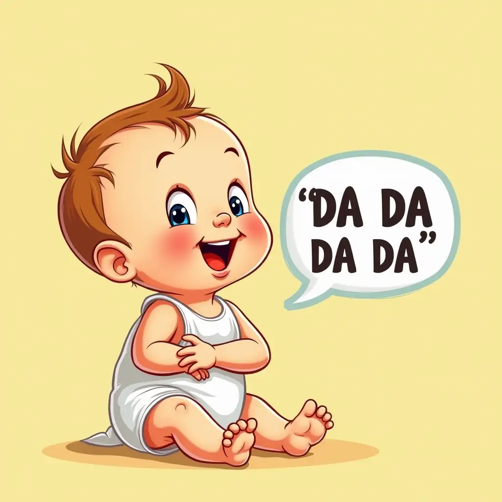 1940s vector art style book cover, six month old baby, smiling, talking, trying to talk, text ‘Da Da Da Da’ speech bubble