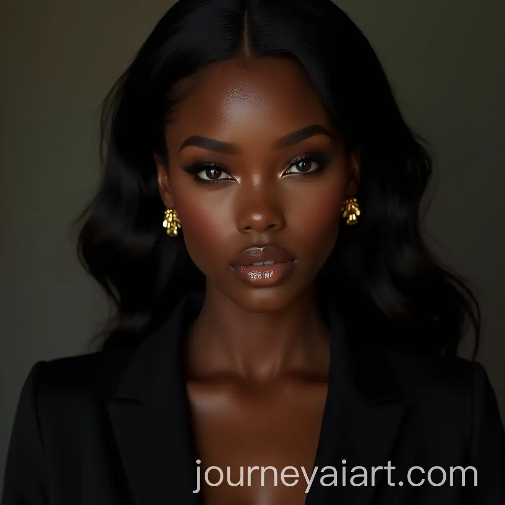Hyper-Realistic-Portrait-of-Black-Melanin-Woman-in-Black-Suit-Photoshoot