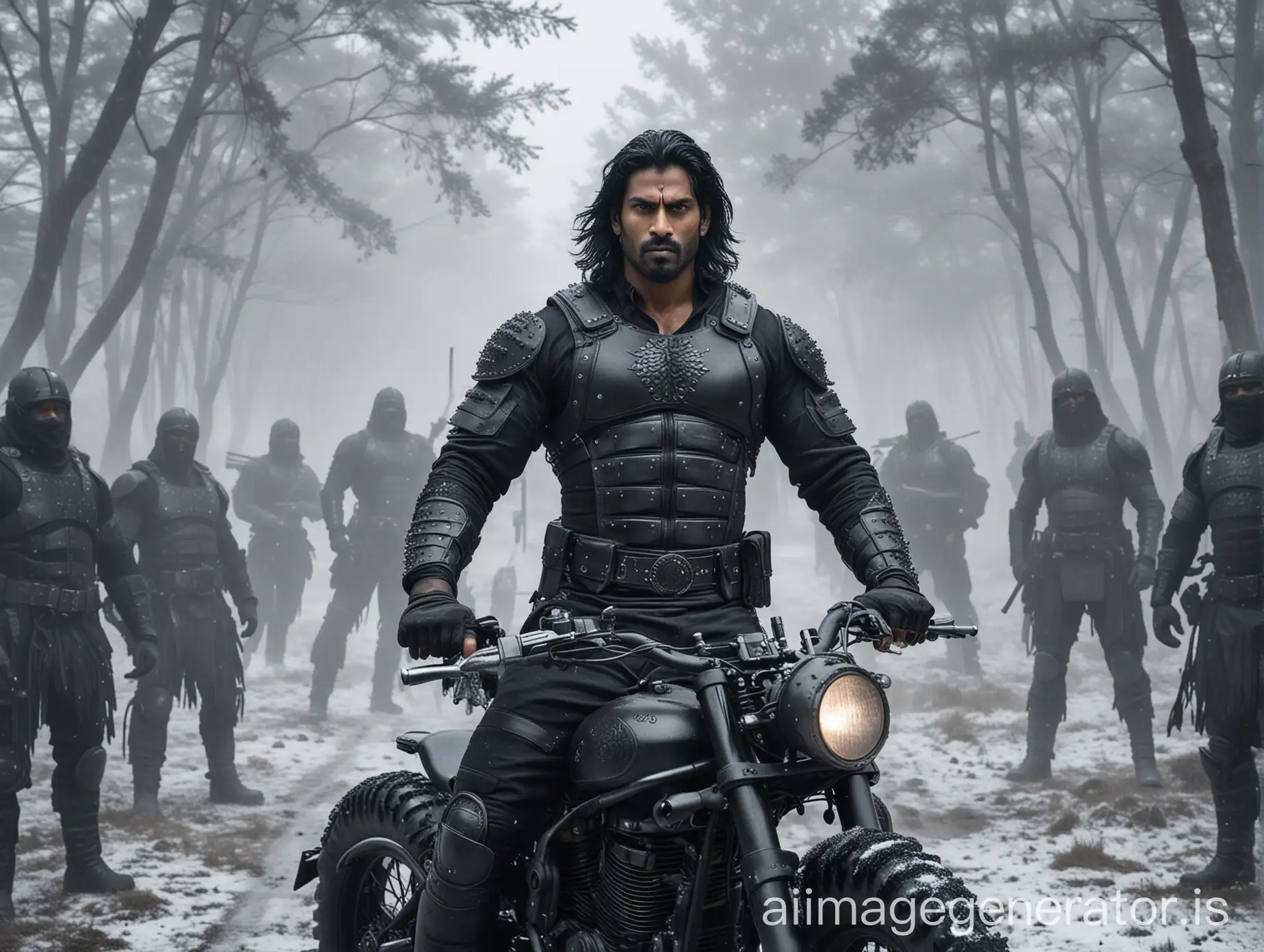 Muscular-Indian-Warrior-on-Black-Monster-Bike-in-Snowy-Fog