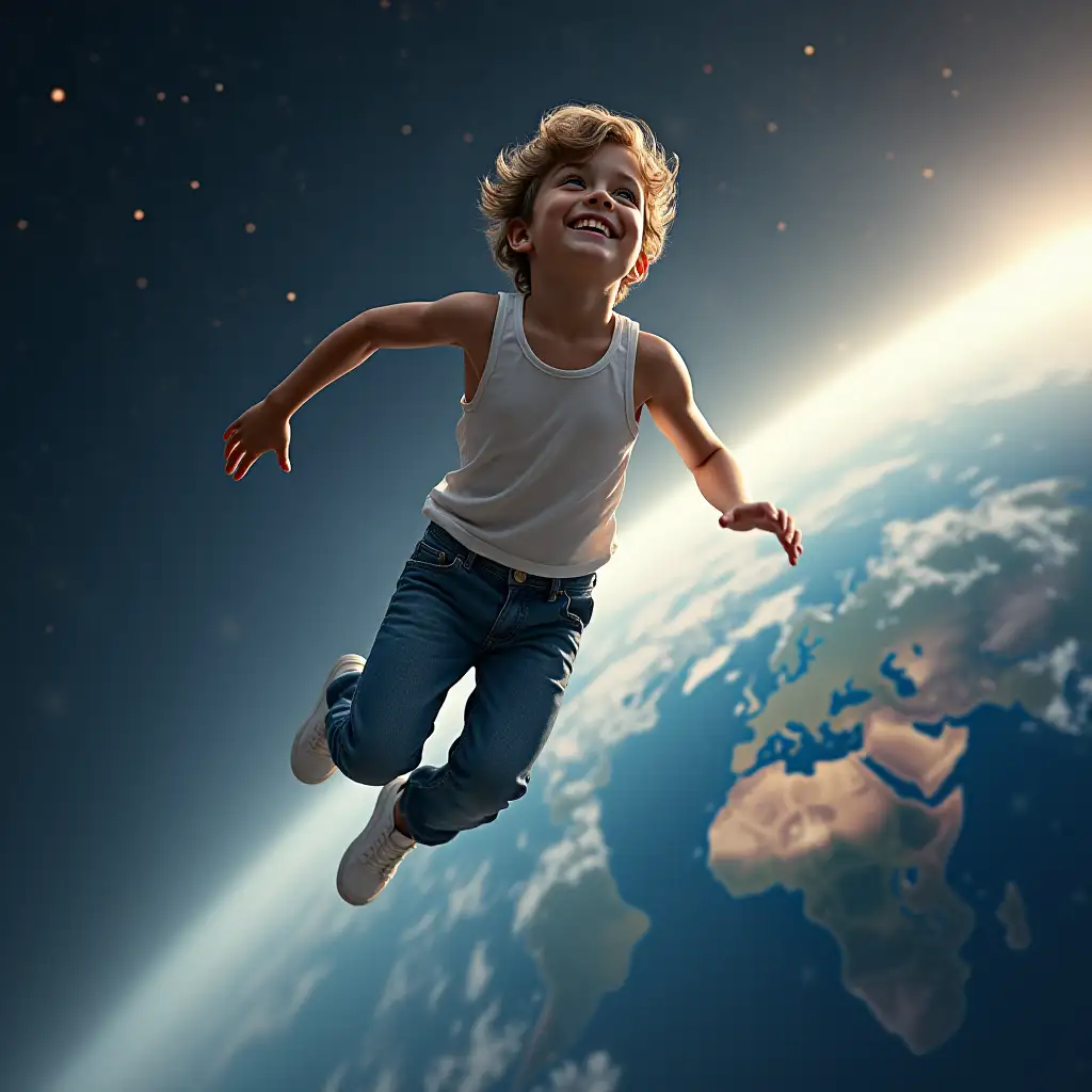 Teen Boy in Jeans and Tank Top Soaring Through Space Toward Earth