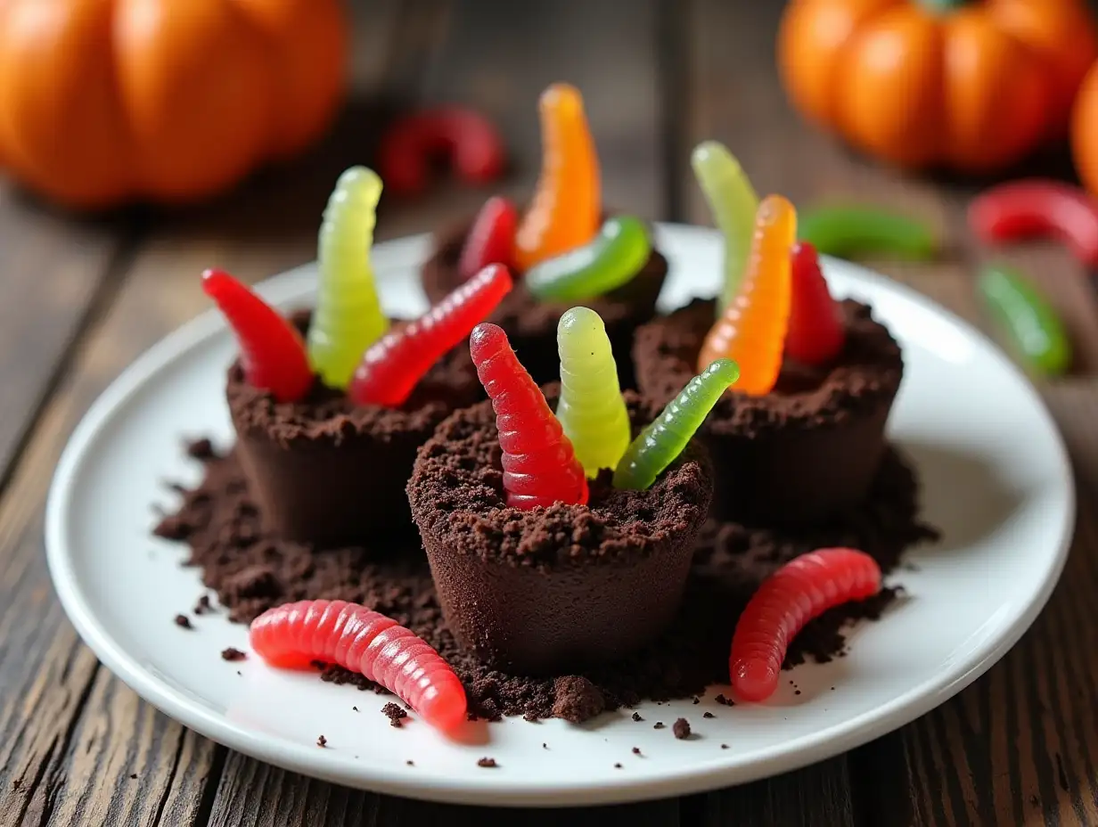 Halloween-Themed-Dirt-Cups-with-Gummy-Worms-and-Chocolate-Cookie-Crumbs