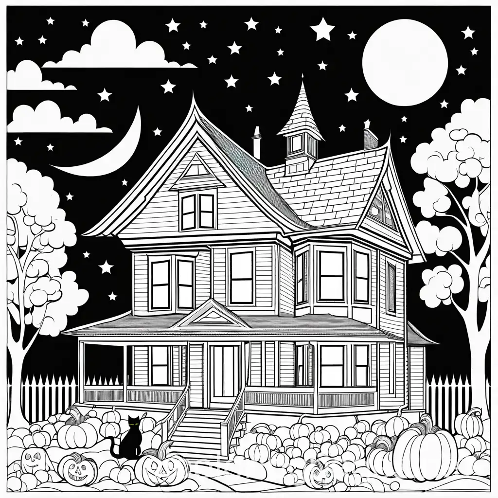 Haunted-House-Halloween-Scene-with-Friendly-Ghost-Black-Cat-and-TrickorTreaters