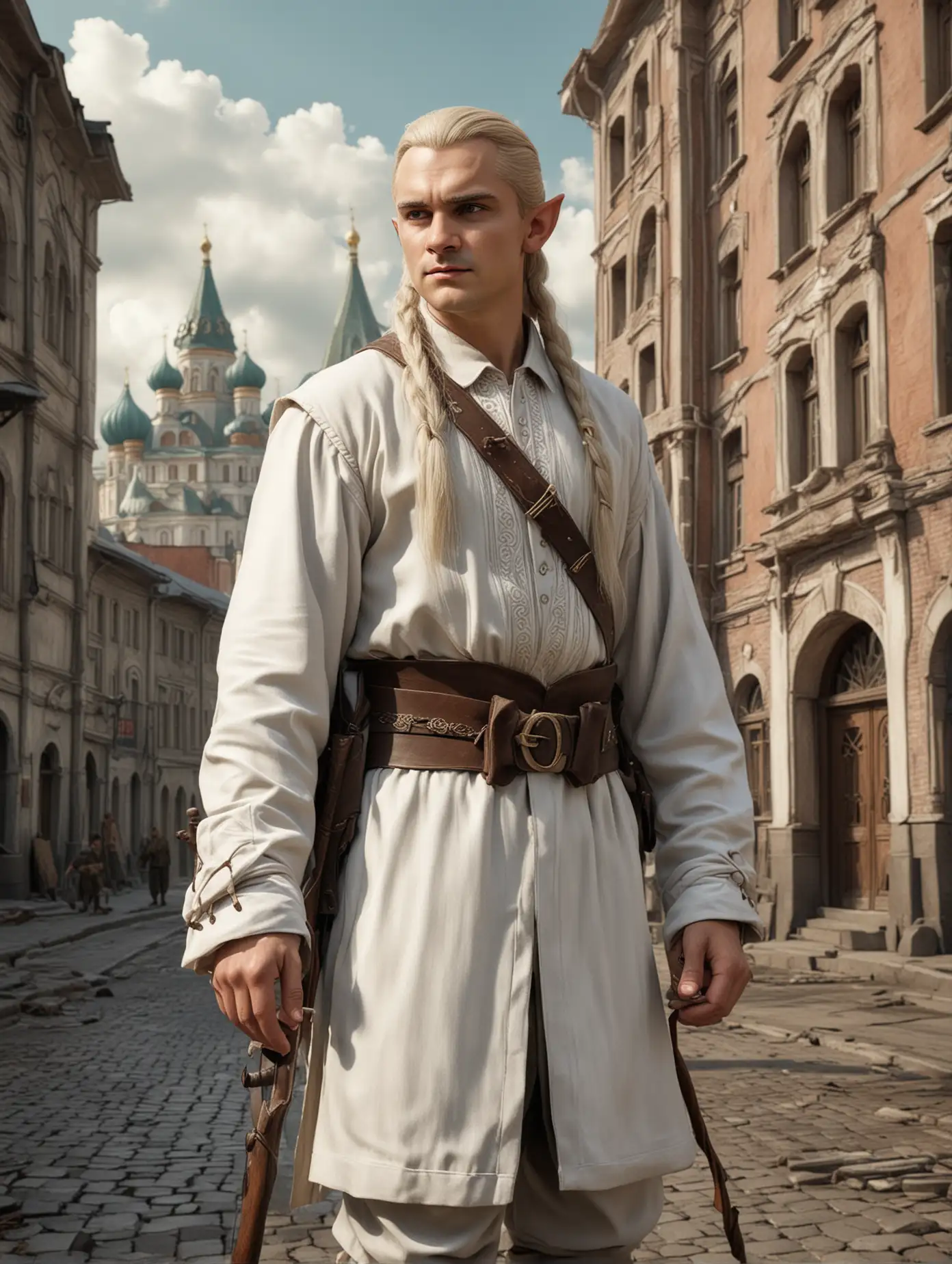 Photorealistic character elf Legolas from the Lord of the Rings. In white Russian Orthodox clothes with a bow on his back. The character stands against the background of Soviet Khrushchev-era buildings in a heroic pose. The character is in full growth.