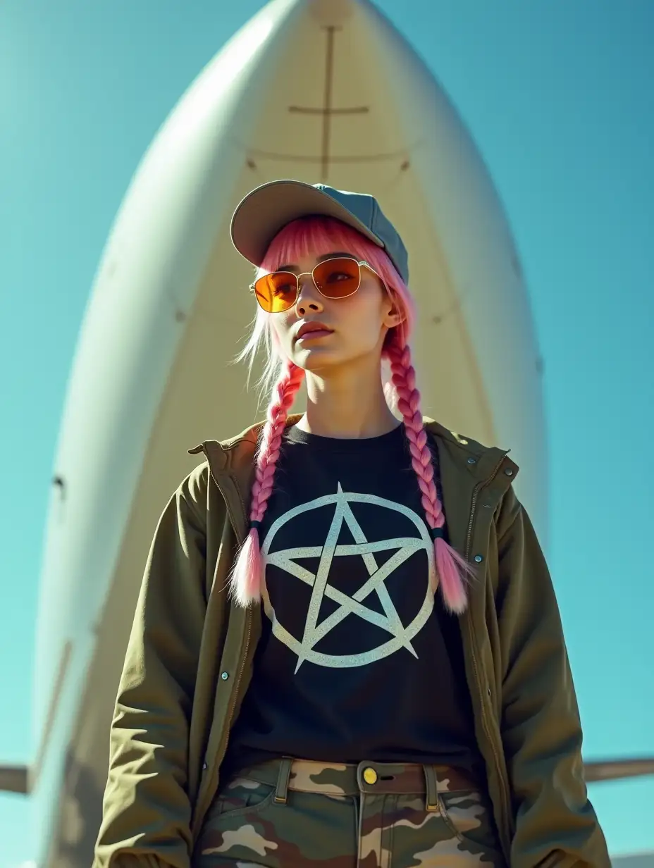 Confident-Young-Woman-Standing-in-Front-of-Airplane-Nose-with-Pink-Braided-Hair-and-Bold-Fashion