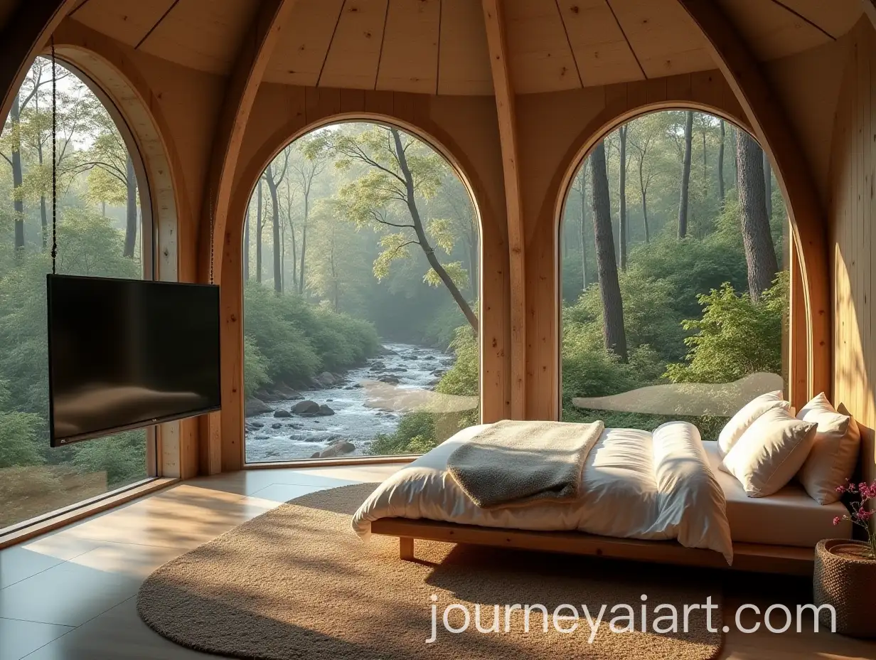 Cozy-Minimalist-Bedroom-with-Forest-View-and-Large-Screen-TV