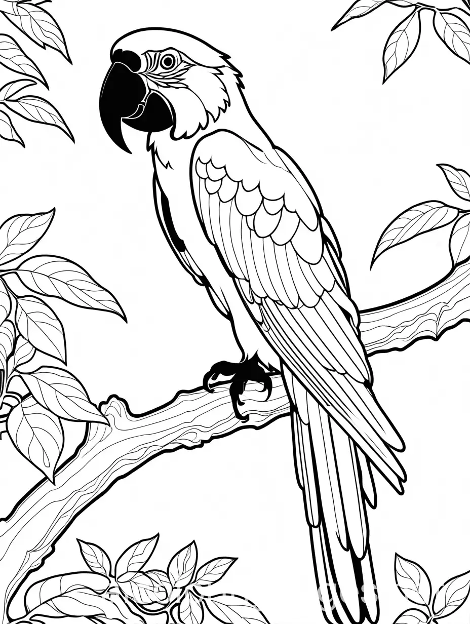 Coloring-Page-of-Macaw-in-Tree-with-Simple-Outlines-on-White-Background