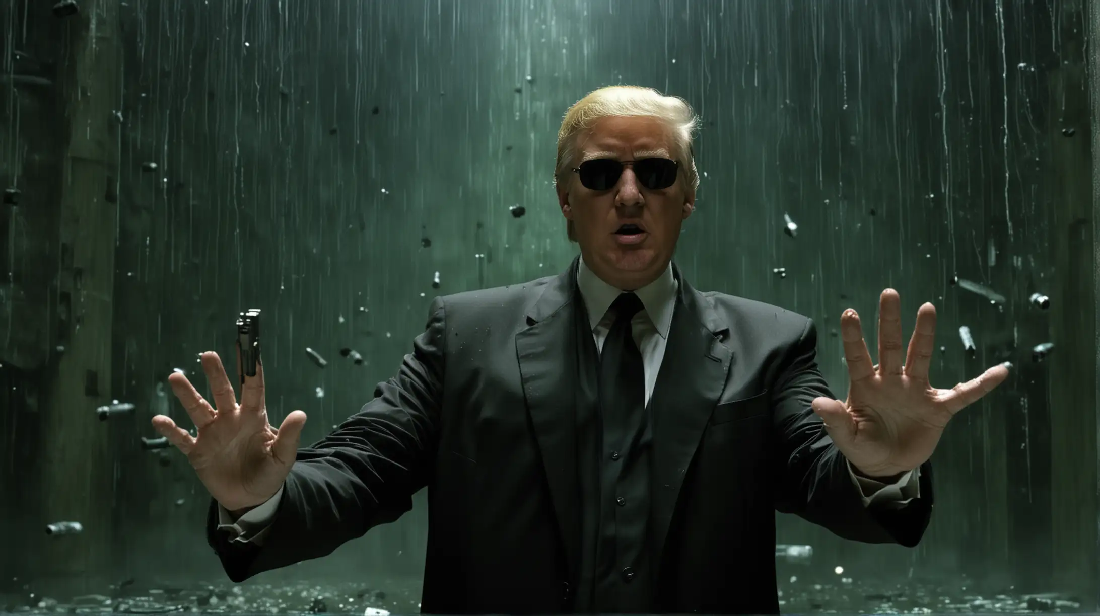 Donald Trump as Neo in The Matrix Holding Out Palm with Frozen Bullets