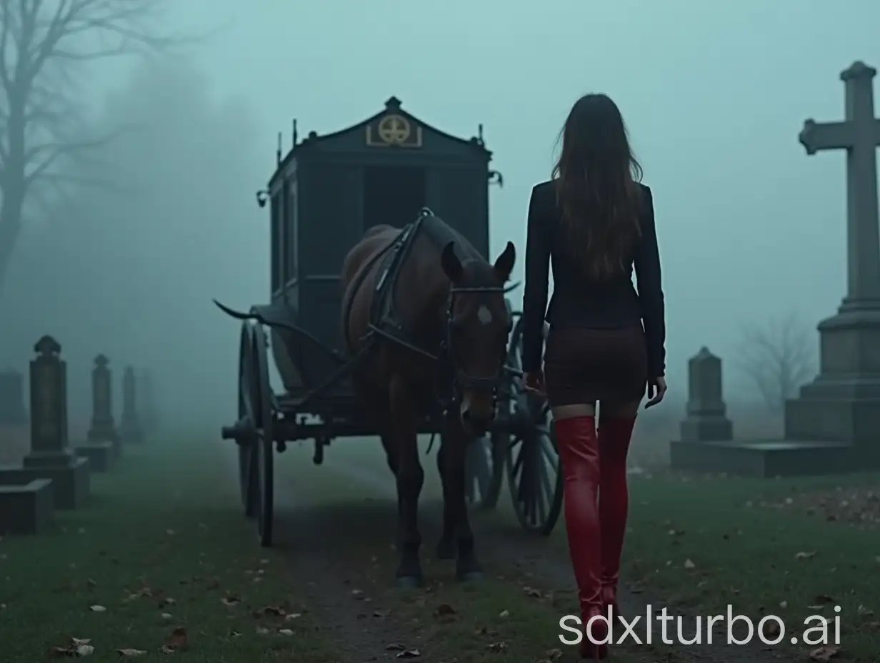 Mysterious-Beauty-in-Red-ThighHigh-Boots-Entering-an-Old-Carriage-in-a-Foggy-Cemetery