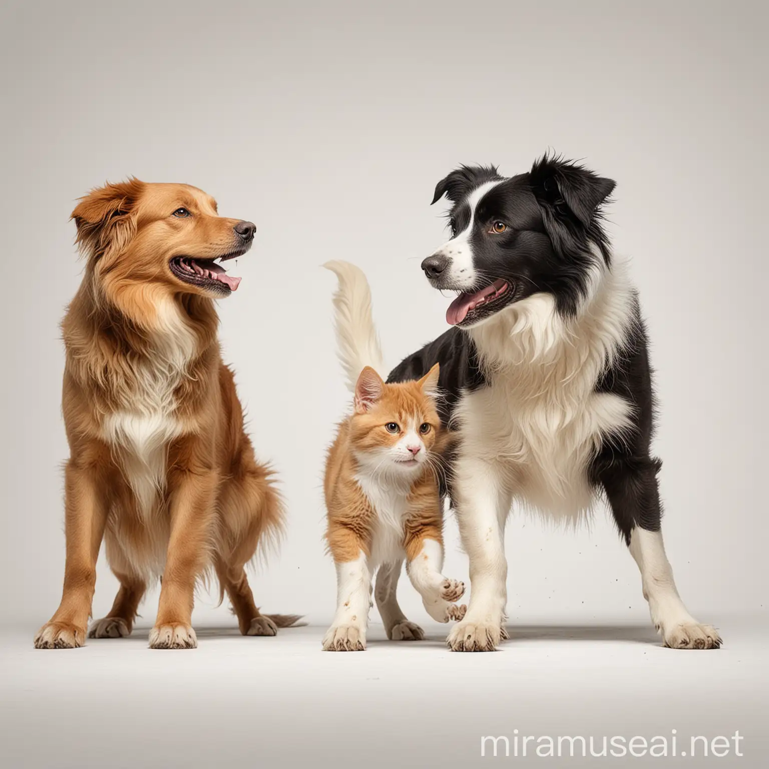 Border Collie and Golden Retriever Dogs Playing with Cat on White Background