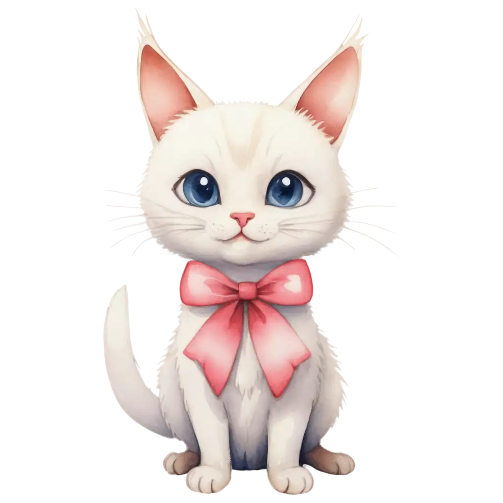 Watercolor-White-Cat-with-Pink-Ribbon-PNG-Image-Perfect-for-Creative-Projects