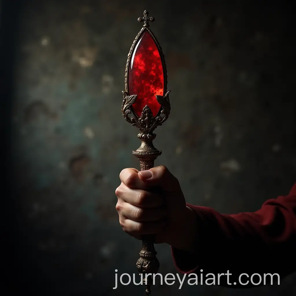 CloseUp-of-Kings-Hand-Holding-Sceptre-with-Red-Stone-on-Grunge-Wall-Background