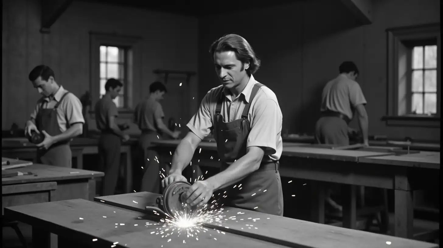 1950s black-and-white industrial workshop in switzerland: a man with mid-length hair uses an Flex saw to cut wood, dressed in casual 1950s attire. sparks fly dangerously in a rustic, dusty setting with warm lighting. other workers are in the background also working.