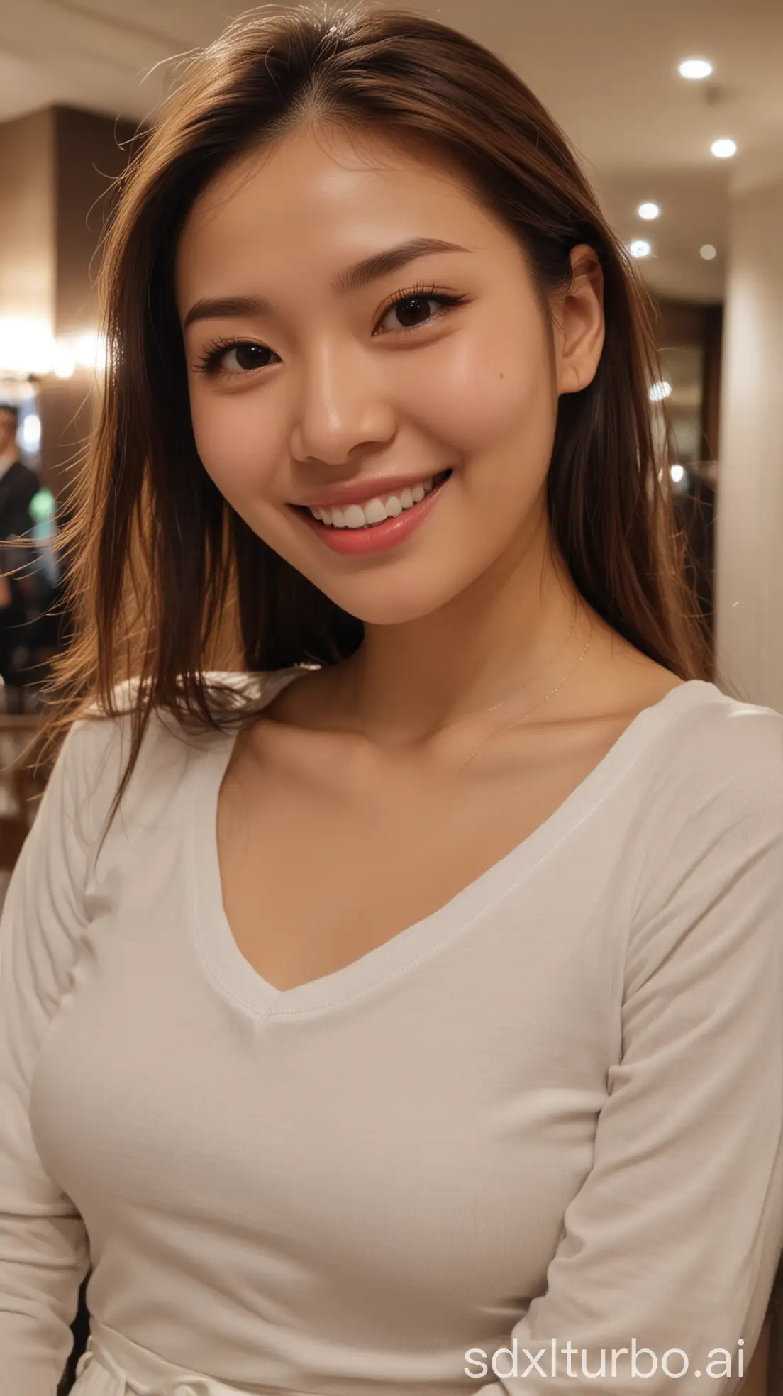 Chinese-Beauty-with-Sweet-Smile-in-Hotel-Lobby-at-Night