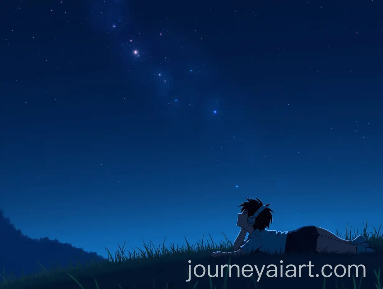 Boy-in-Anime-Style-Lying-on-Grassy-Hill-Under-Starry-Sky-with-Headphones