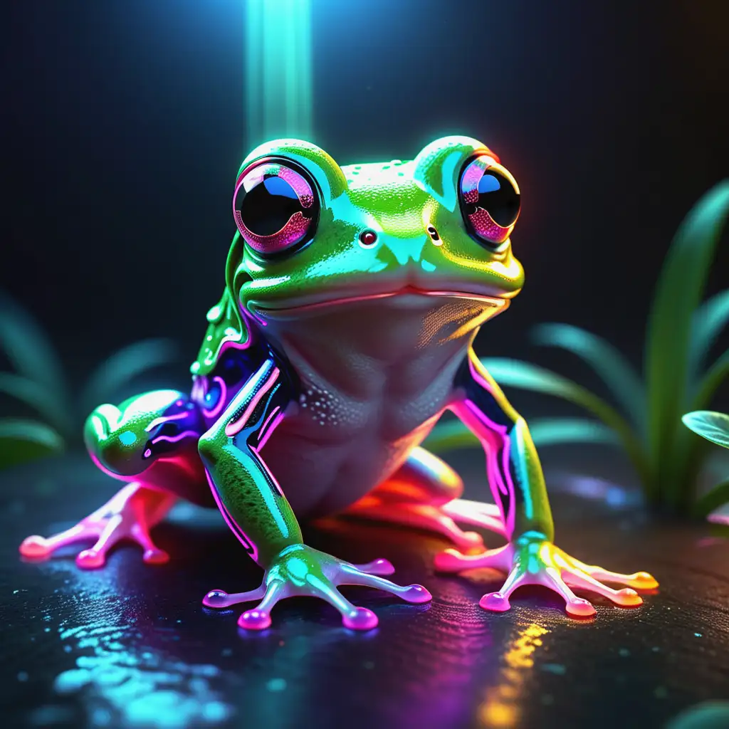 cute baby frog fantasy animal, made of neon rays, ultra detailed, fairy lighting, no wings, photorealistic, bright colors, volumetric light rays, hdr