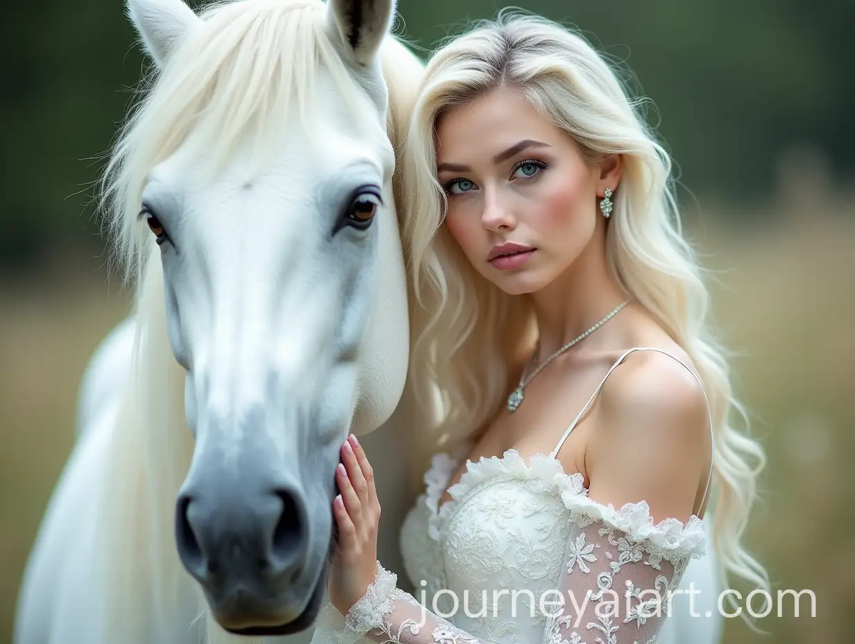Platinum-Blonde-Woman-in-Ornate-White-Dress-with-White-Horse-on-Book-Cover