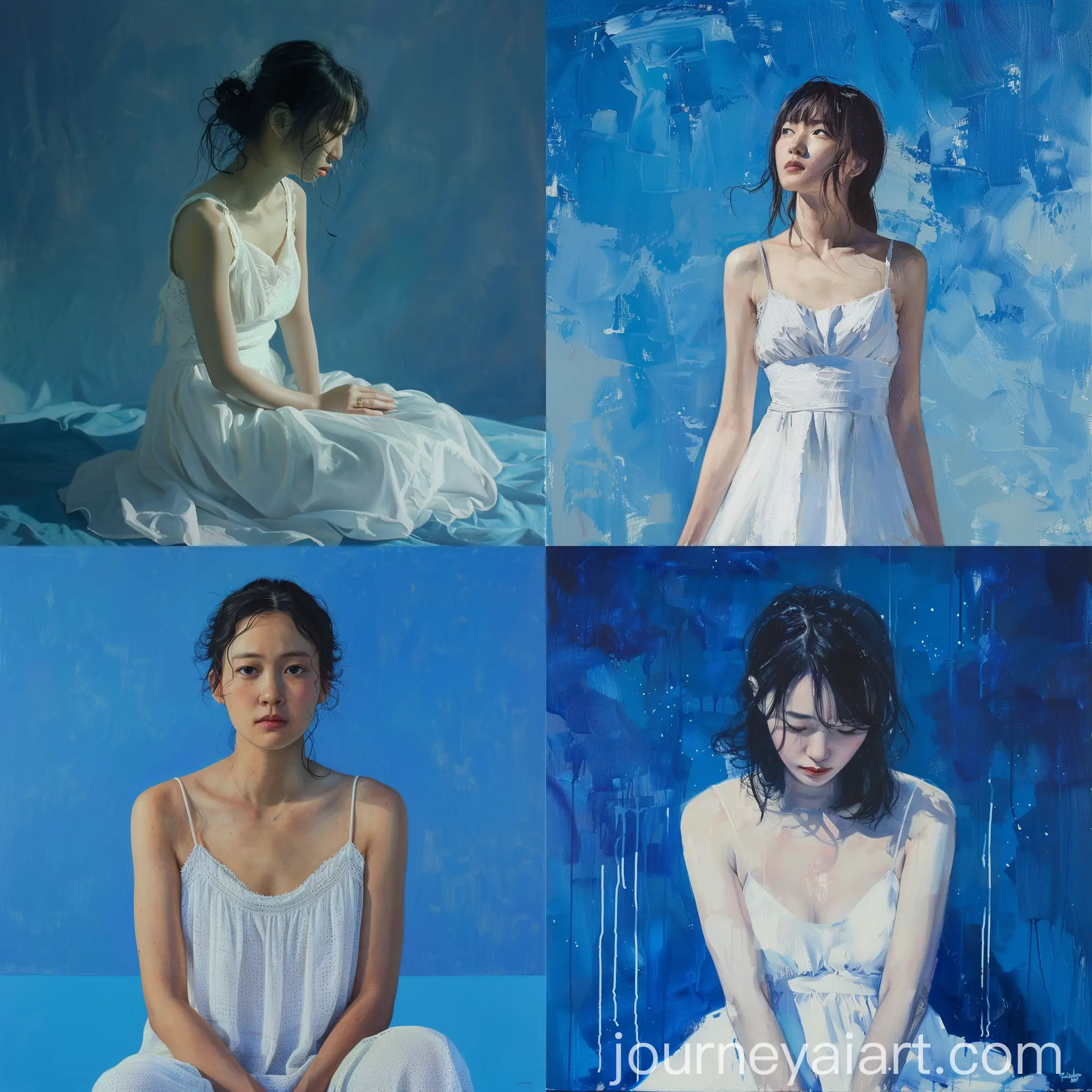 Asian-Girl-in-White-Dress-on-Blue-Background